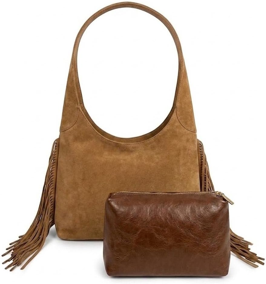 Suede Fringe Hobo Shoulder Bag with Tassel (Camel)