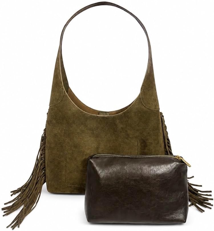 Suede Fringe Hobo in Olive
