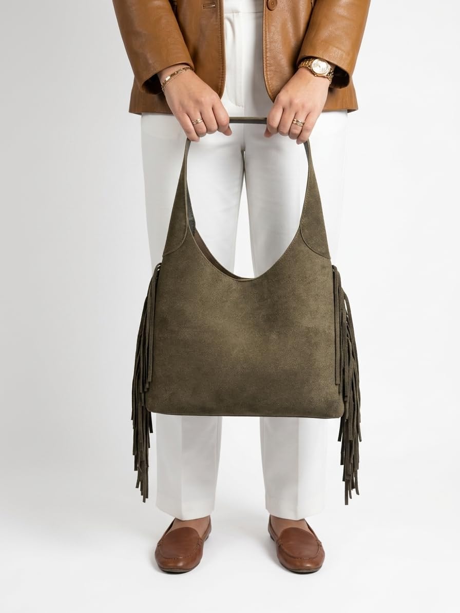 Suede Fringe Hobo in Olive — photo 2