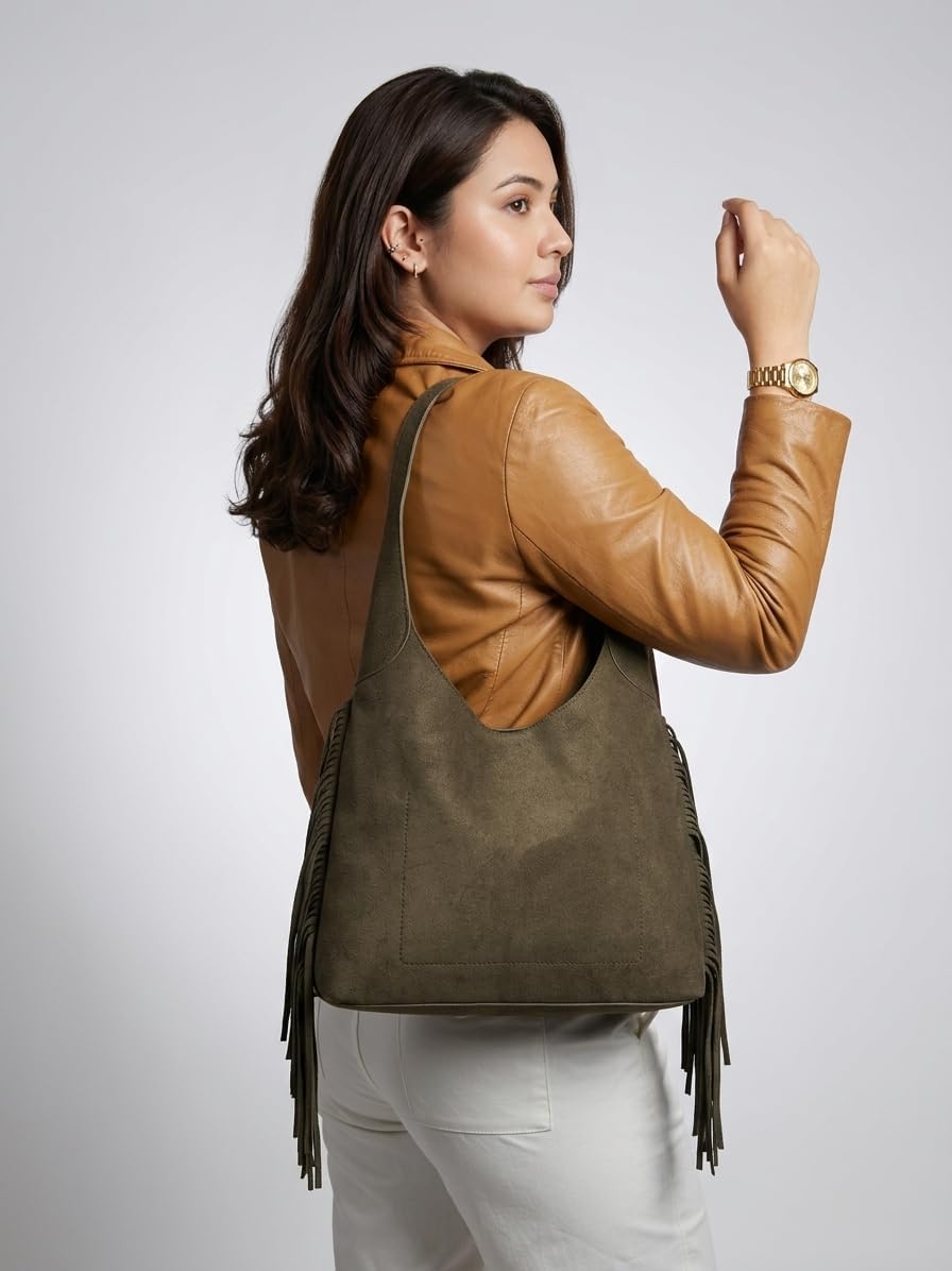 Suede Fringe Hobo in Olive — photo 3